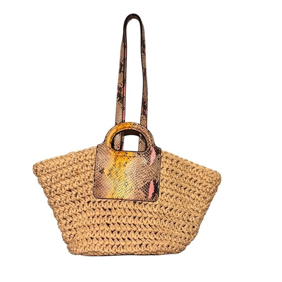 Vince Camuto Lena Straw Tote Bag Faux Snakeskin Duo Handles Boho Chic Beachy - Picture 3 of 12